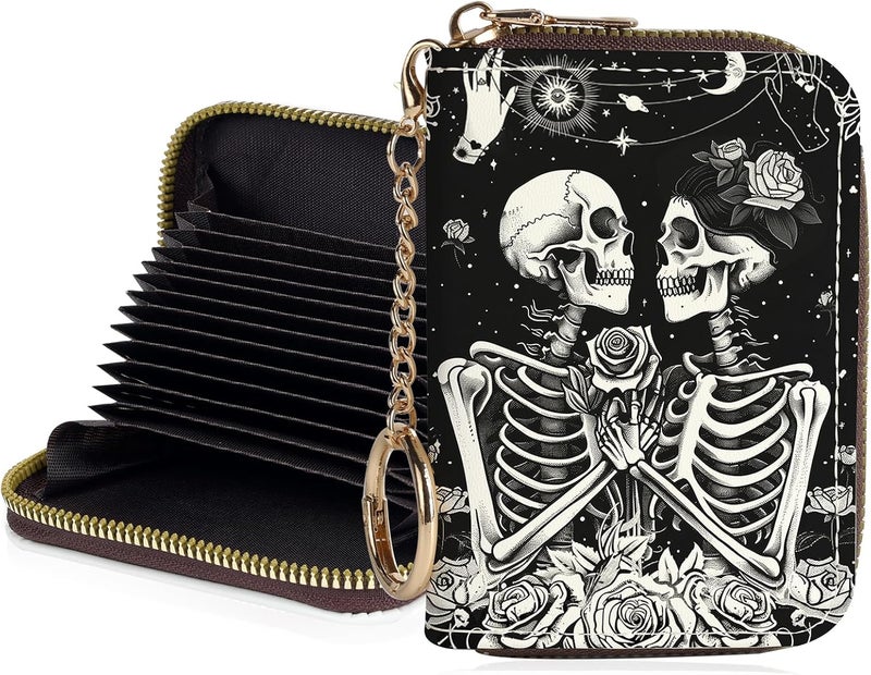 Luoycxy Credit Card Holder for Women,Small Rfid Wallet with Keychain Zipper,Cute PU Leather Card Case Wallet，Accordion Credit Card Wallets Gift,Skeleton Couple - Image 1